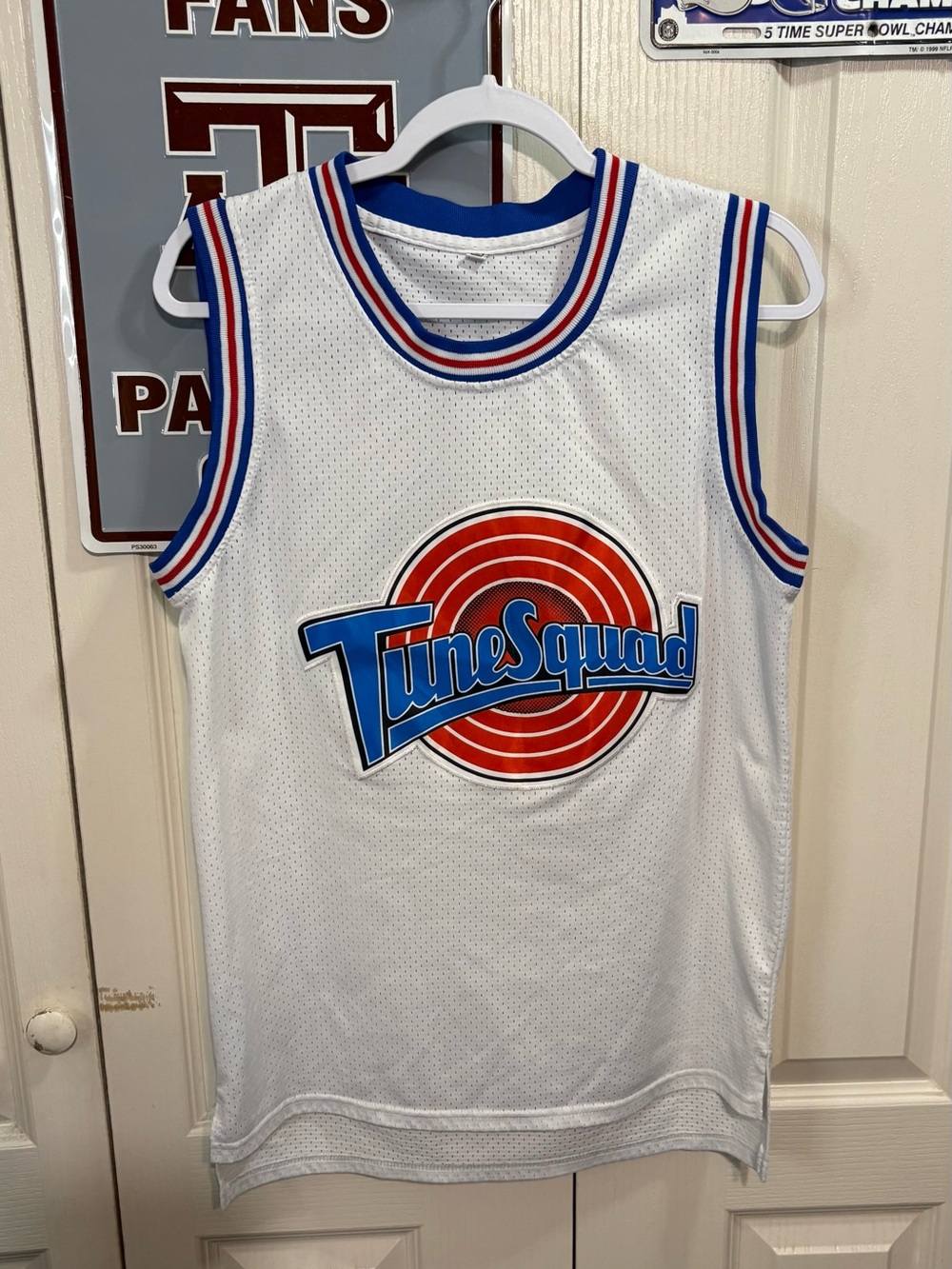 Tune Squad Basketball Jersey - White with Red & Blue Logo